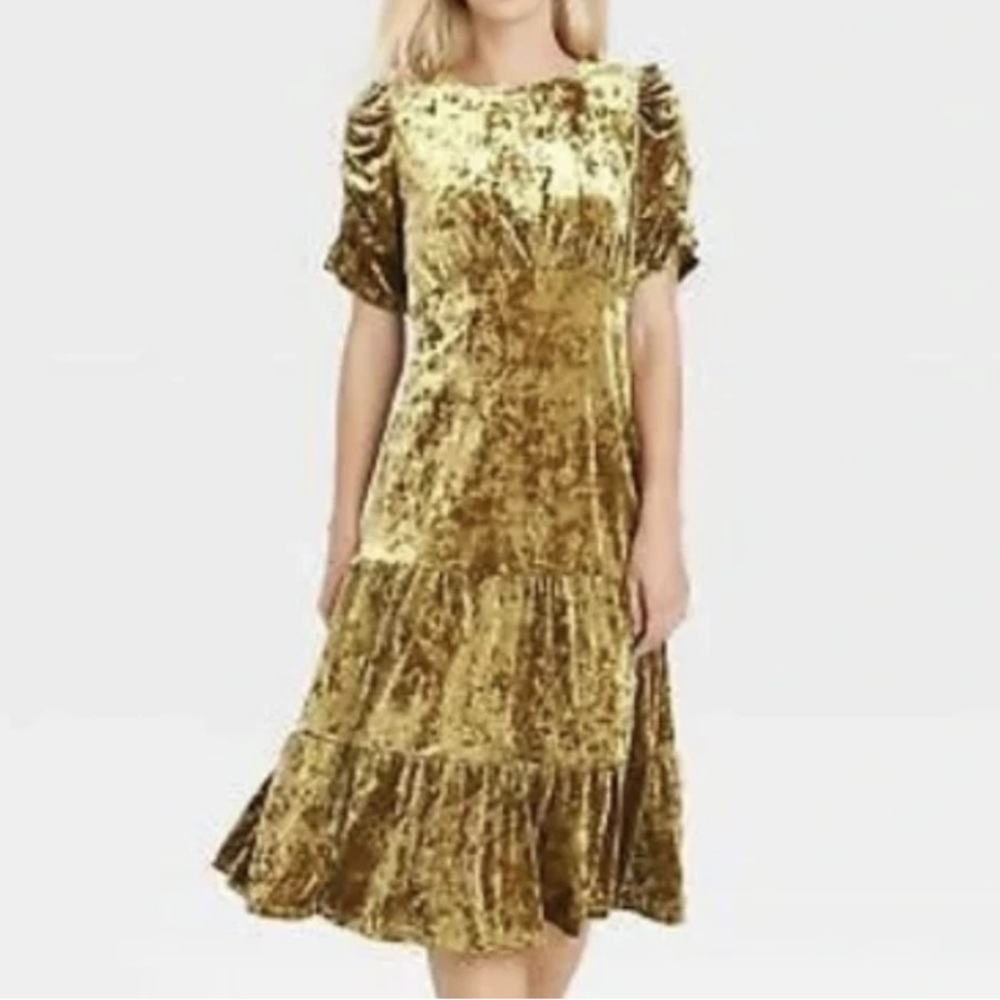Who What Wear 1X Gold Crushed Velvet Ruched Sleeve Tiered Dress Boho Prairie